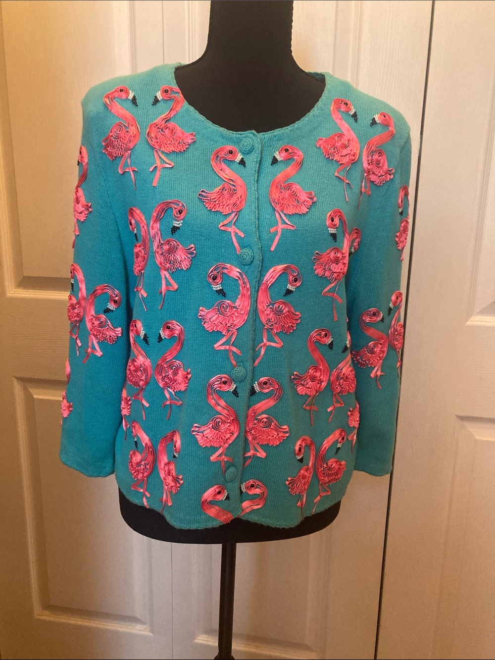 Michael Simon Turquoise Cardigan with Pink Flamingo Embroidery